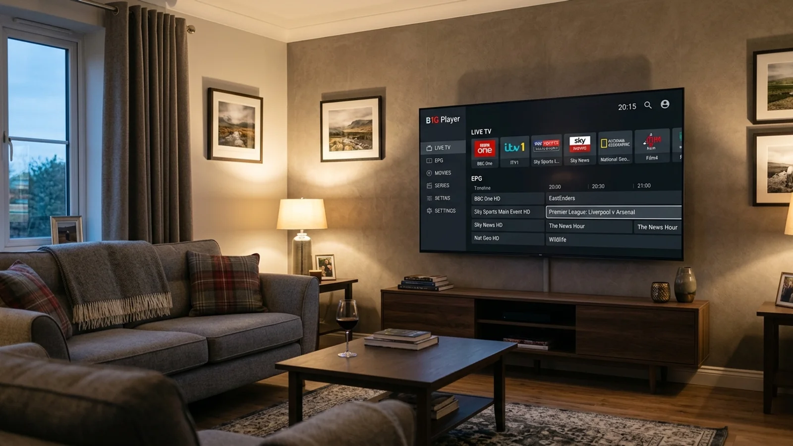 B1G Player app interface showing live TV categories on a Smart TV