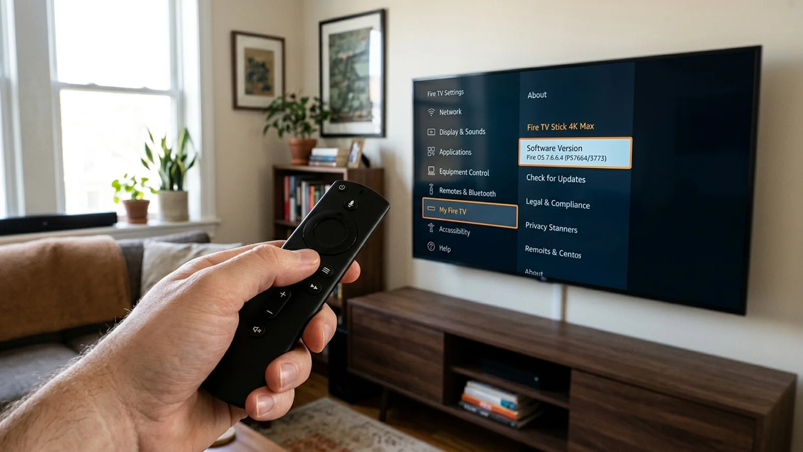 Checking the Fire TV software version in Settings to identify Vega OS