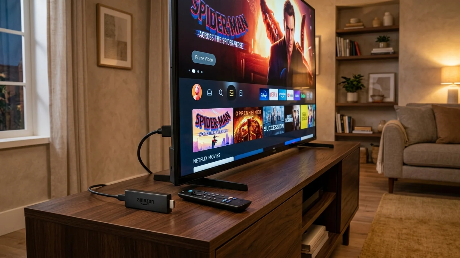 Amazon Fire TV Stick 4K Select streaming stick next to a TV